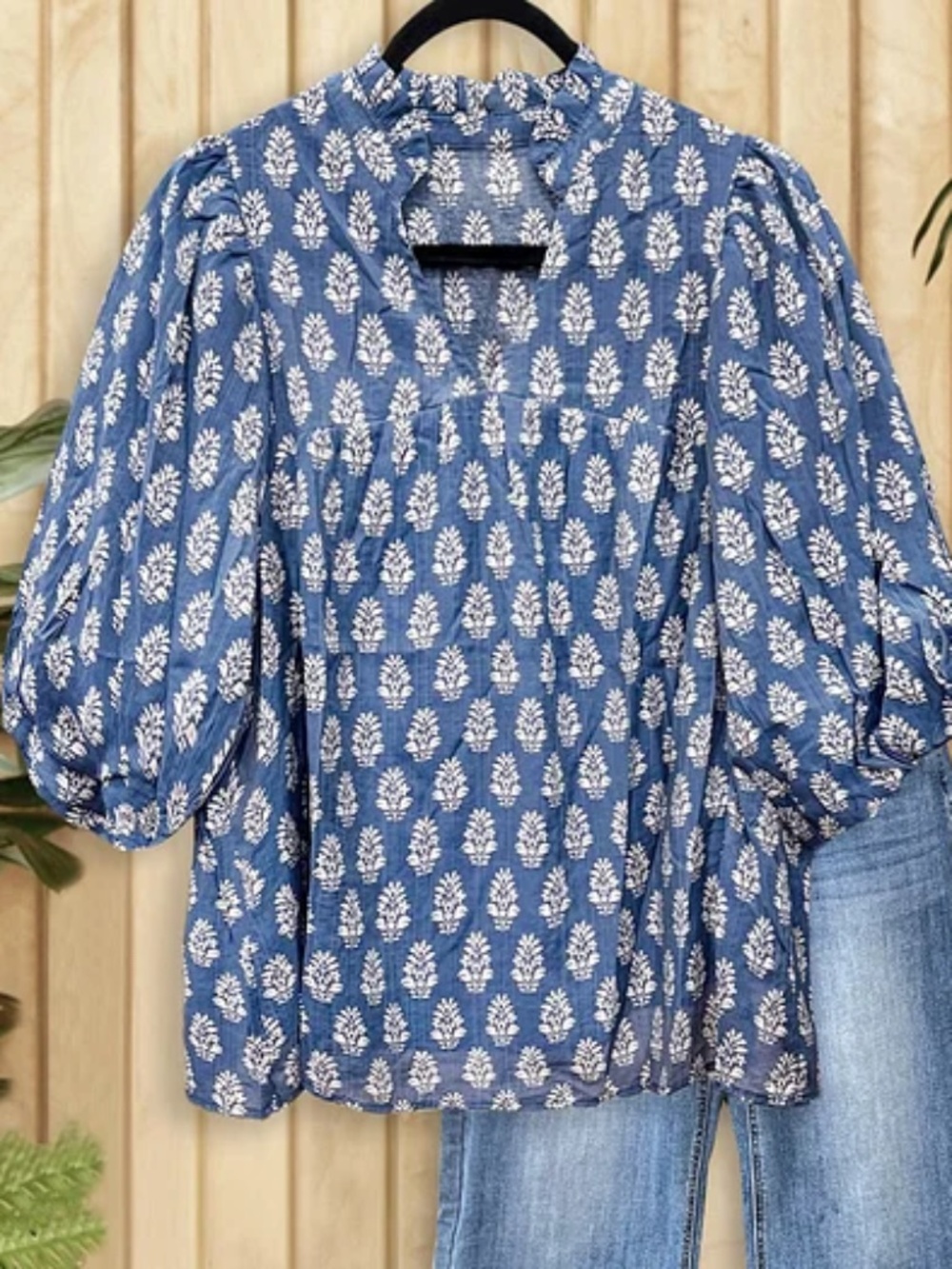 NWT Mint Boutique Floral Puff Sleeve Blouse 2X Blue White Boho Top